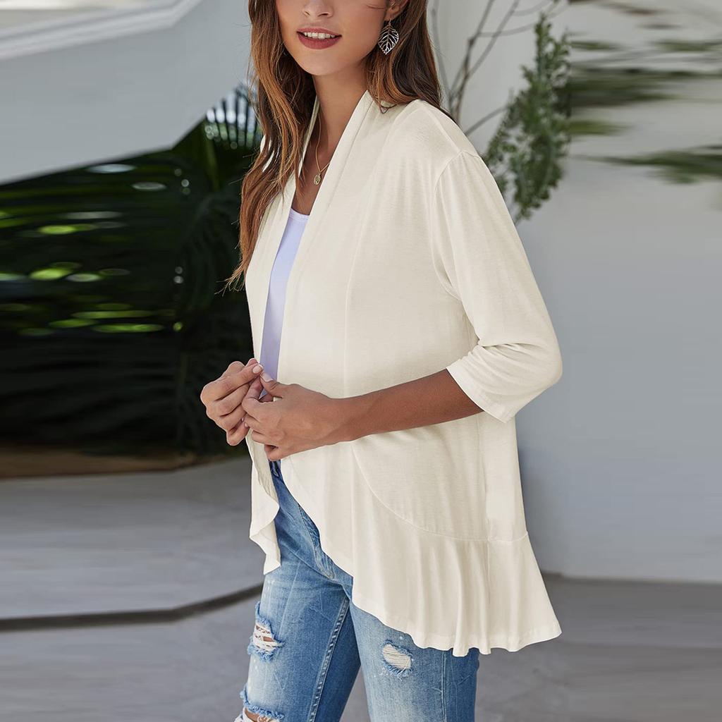 Women's Fashion Casual Seven Minute Sleeve Solid Color Ruffle Cardigan Top