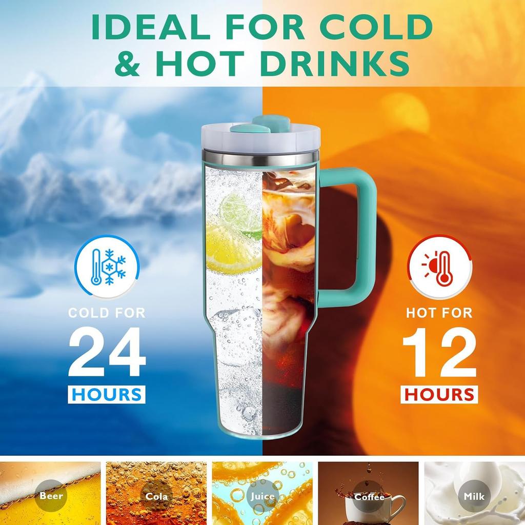 40oz Insulated Stainless Steel Coffee Mug with Handle, Reusable Straw Lid, Ideal for Cold Drinks, Travel, Gym, Car (light Blue)