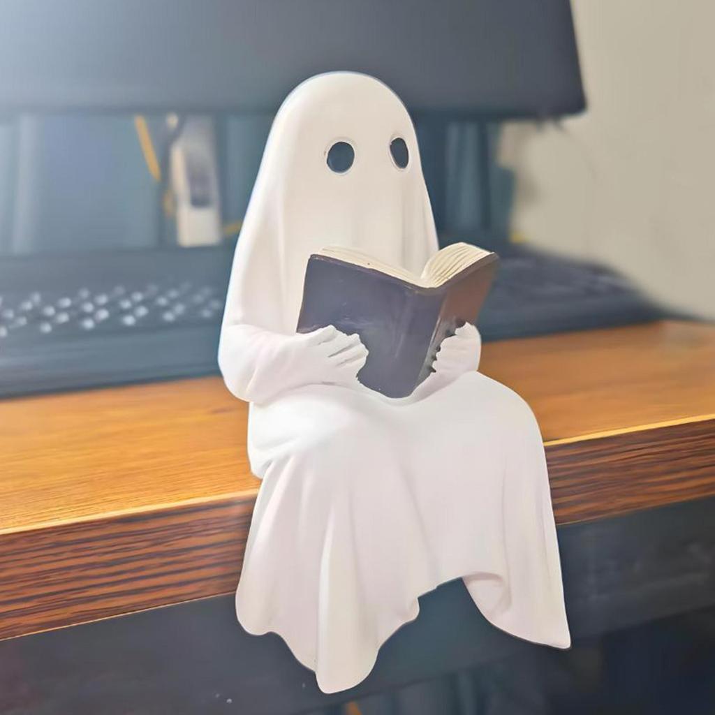 Halloween Ghost Reading Figurine Ornament Resin Cute White Ghost Statue Ghost Decoration For Living Room Offices Bedroom