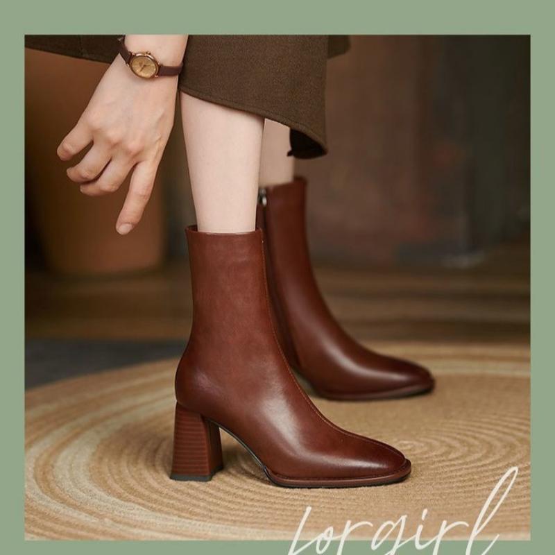 Herbst und Winter 2024 Neue vielseitige Nude-Stiefel Damen Dicke Ferse Seitenreißverschluss Hoher Absatz Schlicht Lässig Eckige Kurze Stiefel Damen