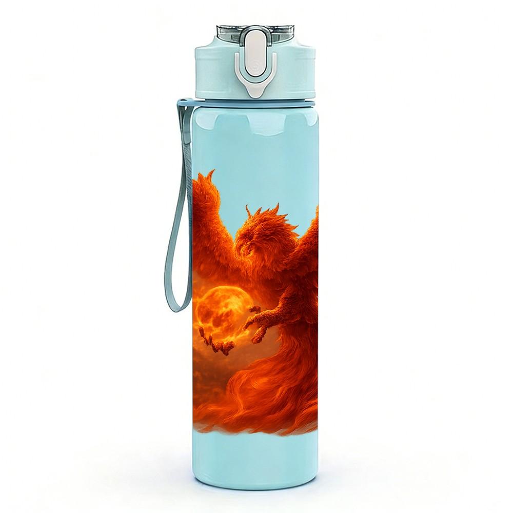 1PC Orange Red Phoenix Bird Wing Print 750ml Color Plastic Sports Water Bottle Leakproof Flip Straw Lid Suitable for Sports Office Home Use