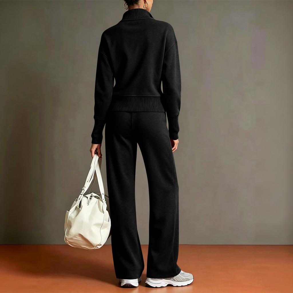Conjunto de Dos Piezas de Punto para Mujer Suéter con Media Cremallera Manga Larga Cuello Plegable Pantalones de Pierna Ancha Conjunto para Estar en Casa