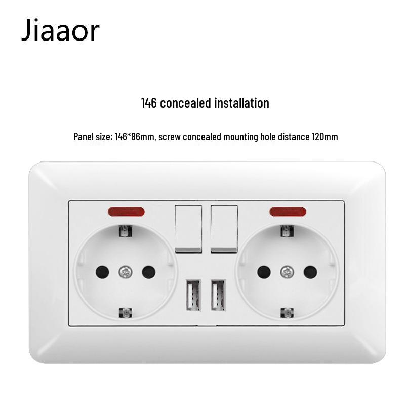 16A White German-Style Double Gang Wall Socket Panel with USB & Type C, European Standard.
