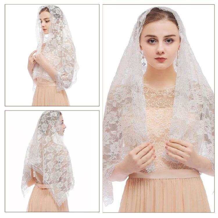 Woman Floral Veil Lace Trim Scarfs Veil Large Shawl Headwear Mantilla