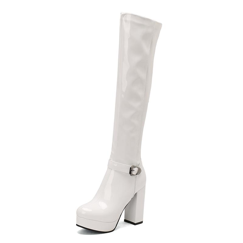 

Plus Size Shiny Patent Leather Material Ankle Metal Belt Buckle Side Zipper High Heels Long Boots Platform Knee High Boots 34 білий