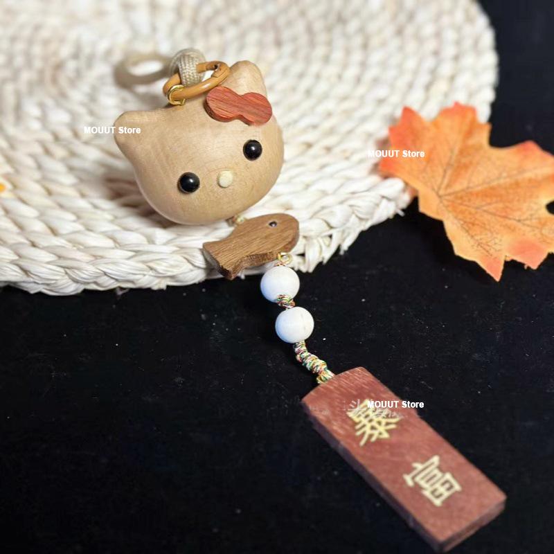 Beech Wood Carving Cat Eating Fish Figurine Cute Lucky Cat Bag Car Interior Hanging Rearview Mirror Pendant Birthday Gift