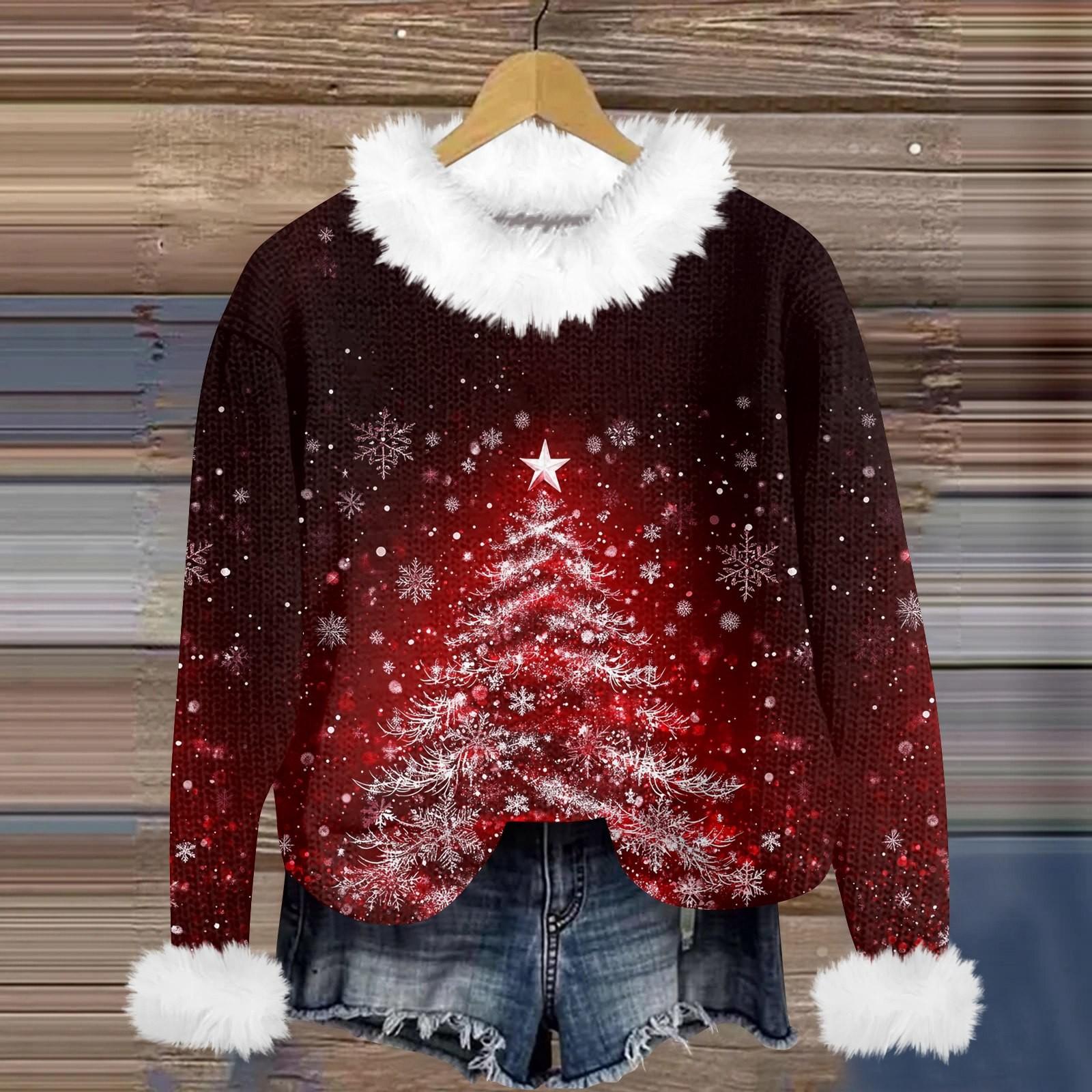 Свитшоты для женщин Вязаный свитер Милая рубашка Осенний круглый вырез Пуловер с меховым — фото 12