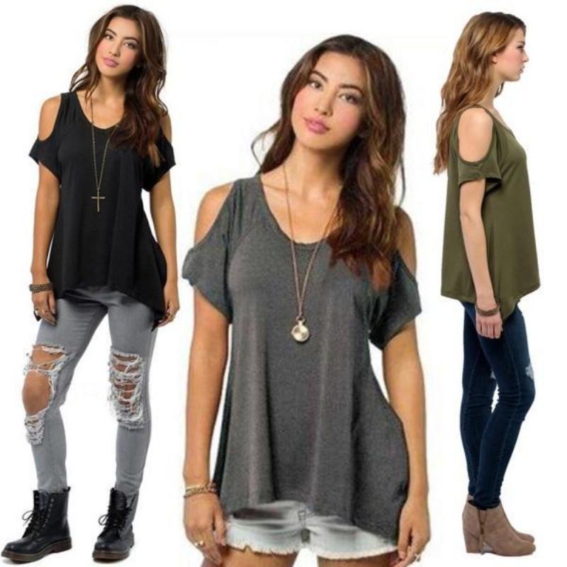 Chic Polyester Blend Round Neck Off-shoulder Batwing Sleeve T-shirt For Nightclub