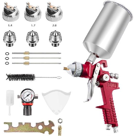 Hvlp Spray Gun, Air Spray Gun Paint Sprayer Gun with 1.4/1.7/2.0/2.5mm Nozzles, 600ml Capacity Great for Walls, Automotive, Home Improvement (Green)
