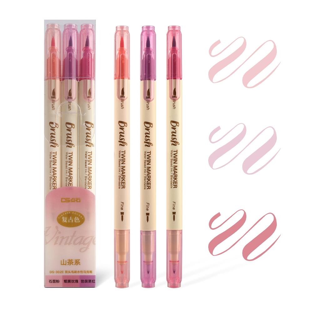 

3pcs Twin Marker Pens Painting Brush Retro Color Drawing Fine Liner Water Based Ink Blendable Watercolor Art School Supplies