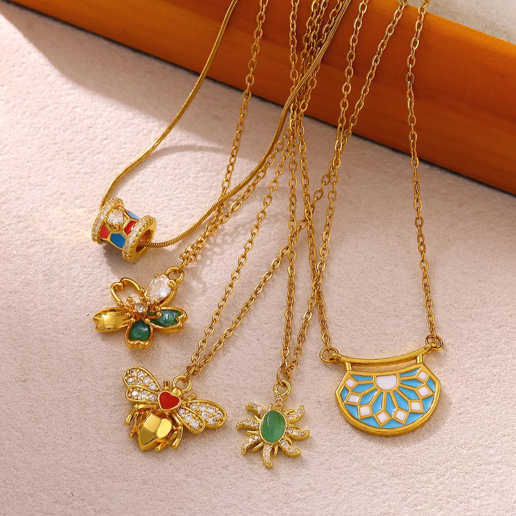 Vintage Enamel Necklace For Women Gold Color Flower Stone Charm Bee Sun Pendant Drip Oil Collier Femme Aesthetic Jewelry Gifts