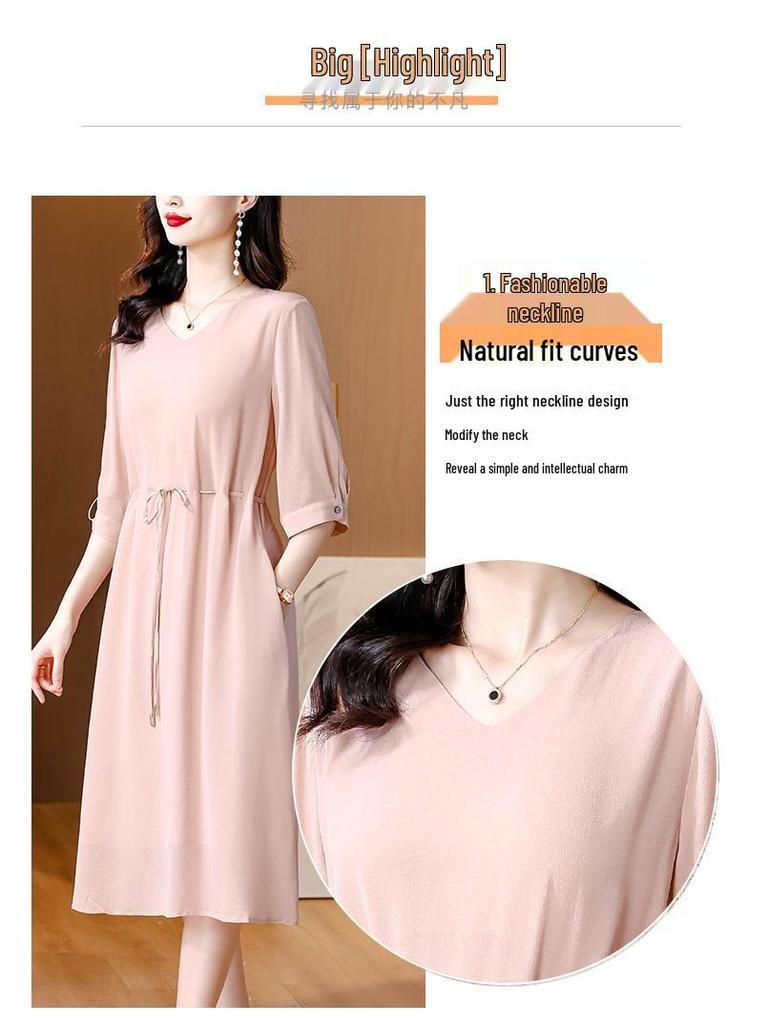 Elegant Plus Size V-Neck Mulberry Silk Dress - Age-Reducing & Slimming