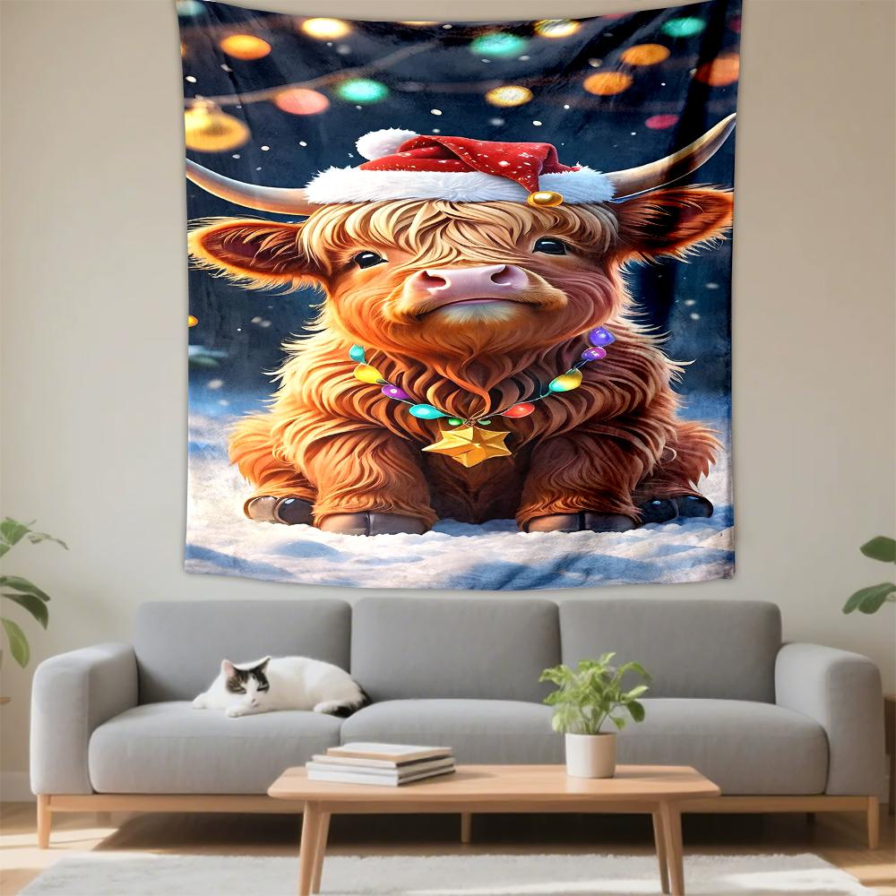 Cute Highland Cow with Santa Hat Patterned - Patterned tapestry for bedroom and living room home decor.