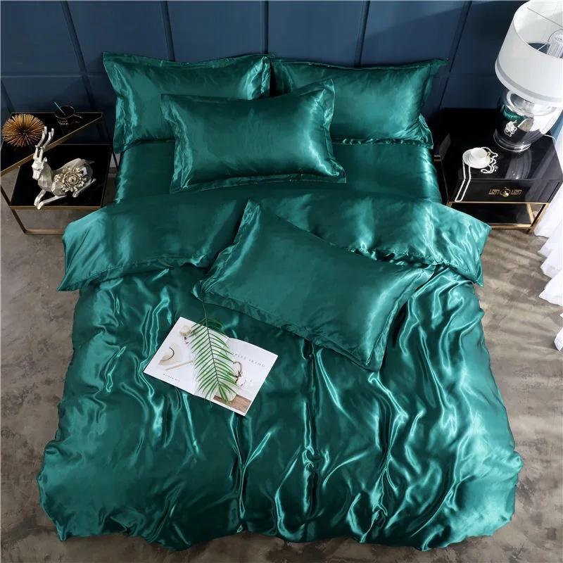 Satin Flat Bed Sheet Smooth Luxury Satin Silk Bedding Set with Duvet Cover Bed Sheet 1 Duvet Cover+1 Bed Sheet+2 Pillowcases