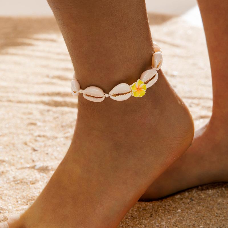 Ocean beach resort wind rice beads two-piece set simple contrasting color shell hand-woven anklet