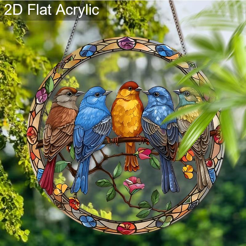 Acrylic Colorful Birds On A Branch Suncatcher, Stained Glass Style Window Hanging Ornament for Nature and Garden Lovers