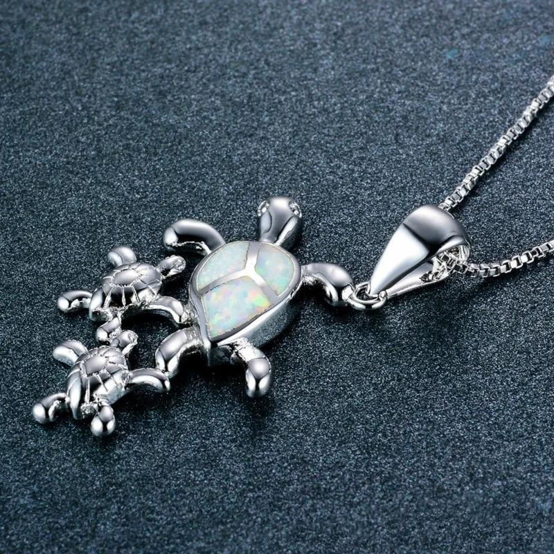 Boho Fashion Cute Sea Turtle Family Pendant Necklace for Women Girl Inlay Imitation Blue Opal Necklace Wedding Party Jewelry