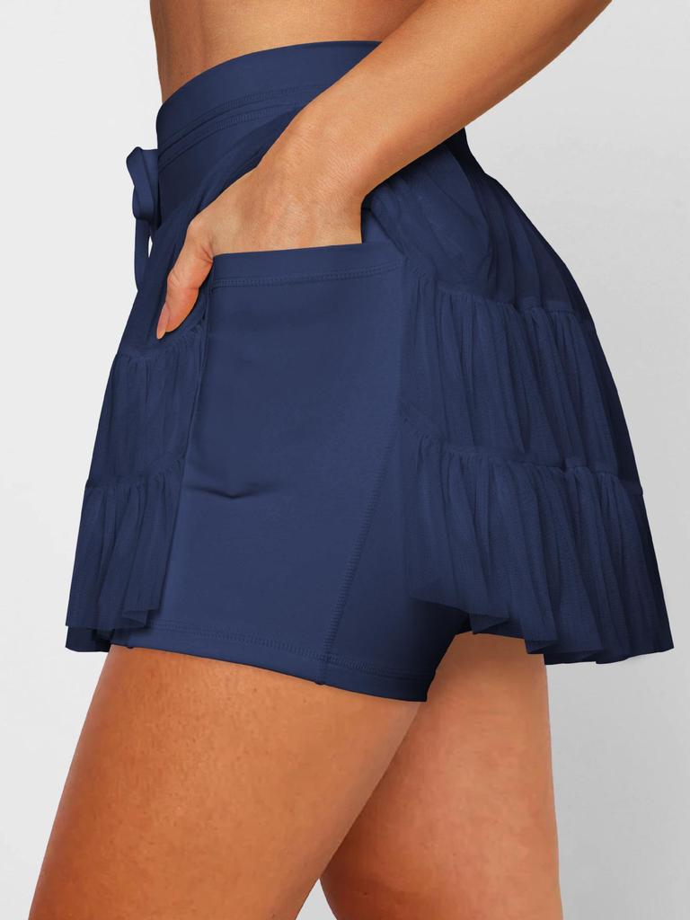 Wish Fashion Lace-Tied Pleated Safety Skirt: Summer Anti-Exposure Mesh Overlay