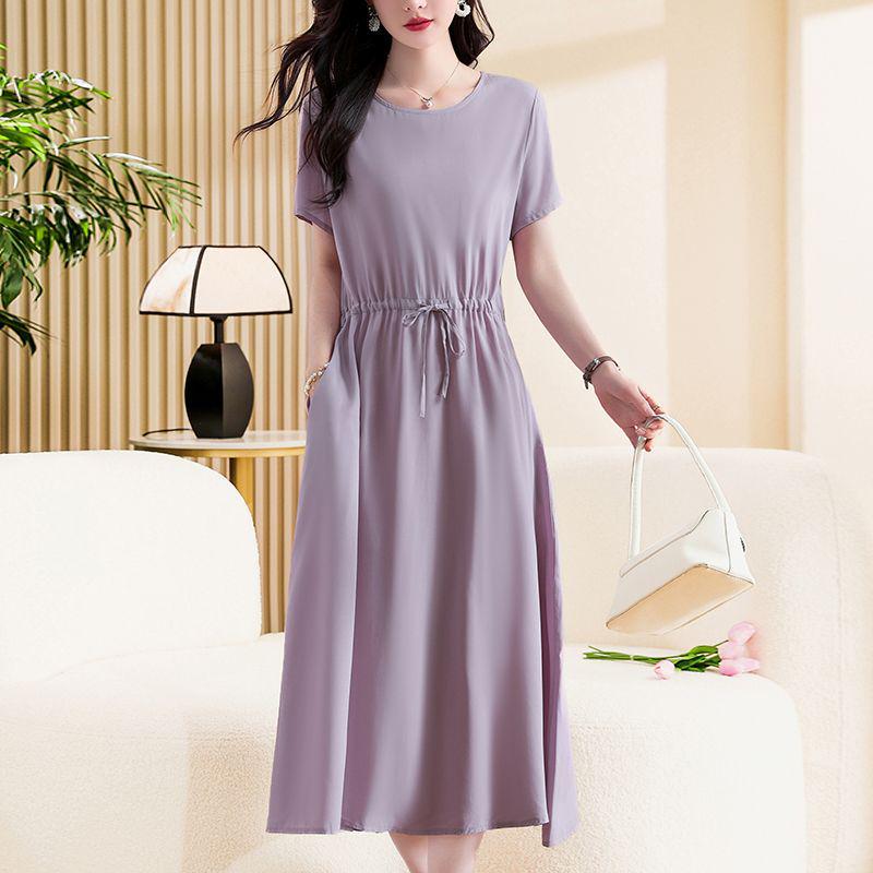 Elegant Plus Size Cotton Silk Knee-Length Dress with Waist Cinch for Middle-Aged Women
