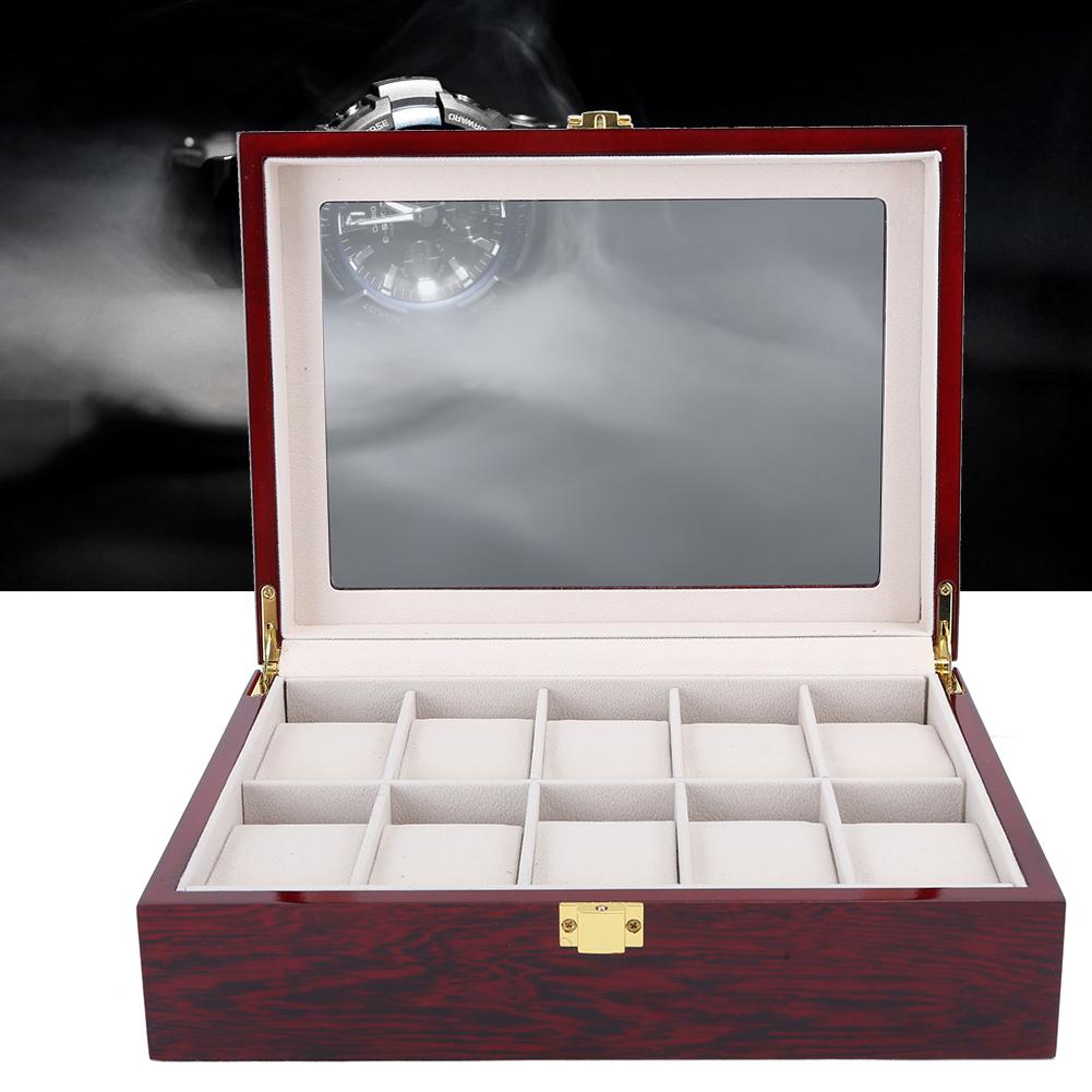 Wooden 10 Grid Watch Display Box Transparent Window Watch Storage Box (Red)