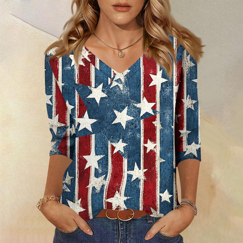 Women’s V Neck Half Sleeve Casual Top with Star and Stripe Print Loose Fit Comfortable Pullover Blouse Shirt for Daily Wear