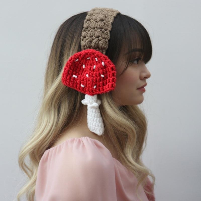 Handmade Crochet Mushroom Hairband Ear Warmer For Women Girl Soft Cotton Hair Accessory For Daily Use Special Event