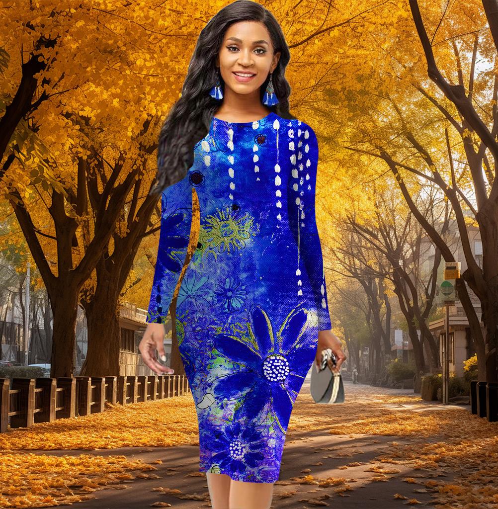 Long Sleeve Waist Tight Office Slim Fit Oil Painting Flowers Printing Elegant Bodycon Dress