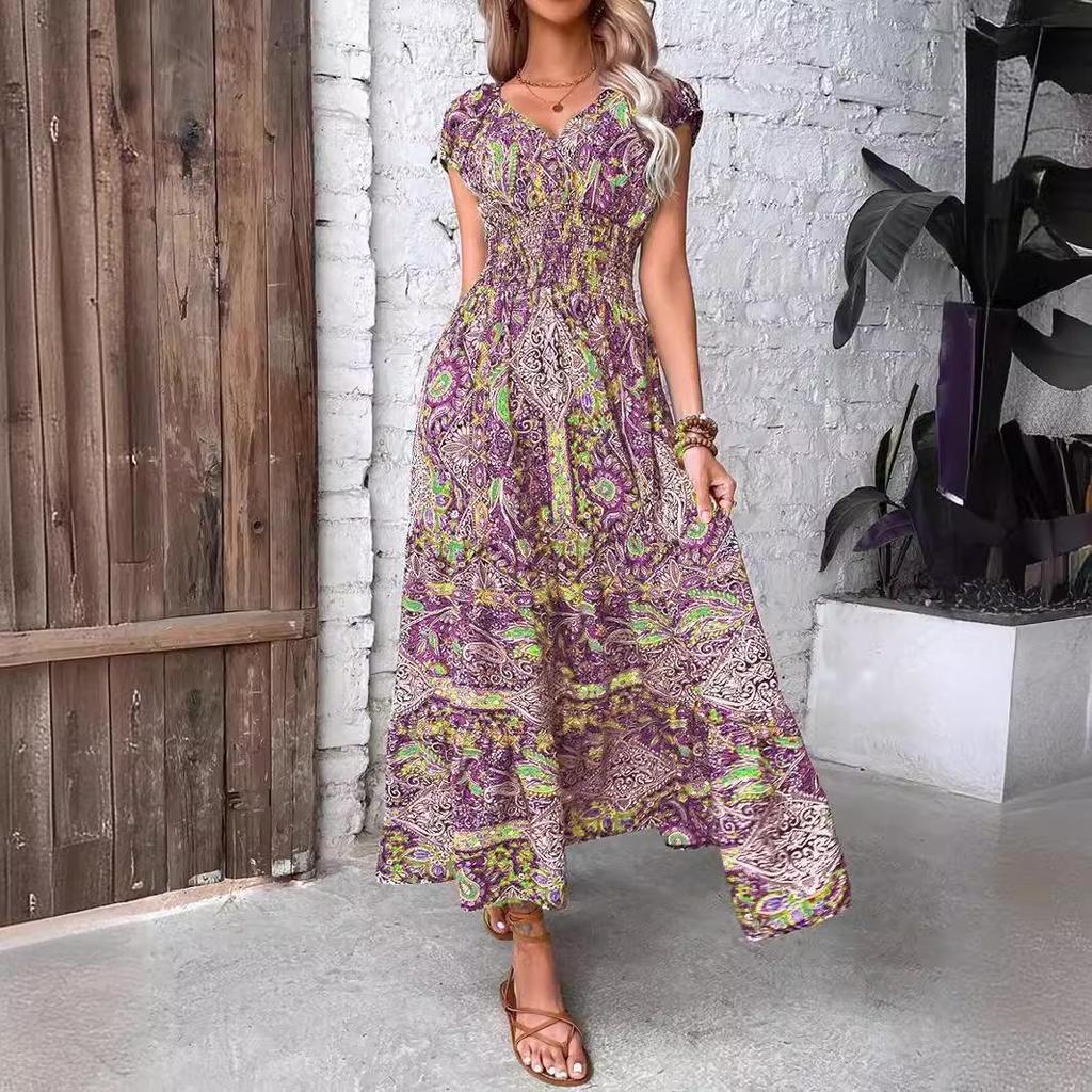 French Bohemian Holiday Print Midi Dress