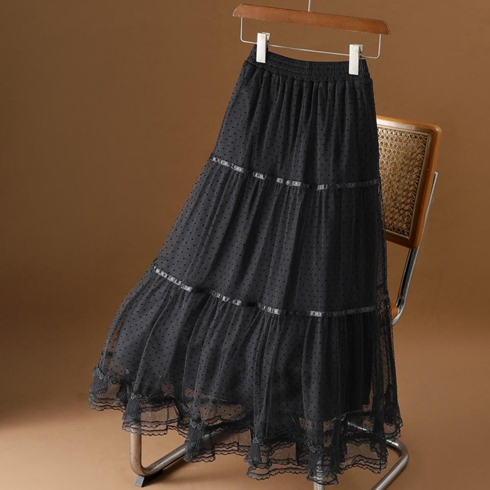

Qooth Elegant Women A Line Lace Ruffle Skirt Wide Hem Mid Length Elastic Waist Casual Skirt QT2663 One Size чёрный