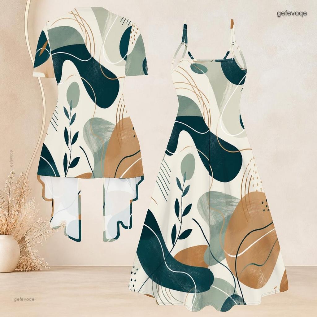 Women Plus Size Printed Two Piece Set Short Sleeve Cardigan Strappy V Neck Flared Dress