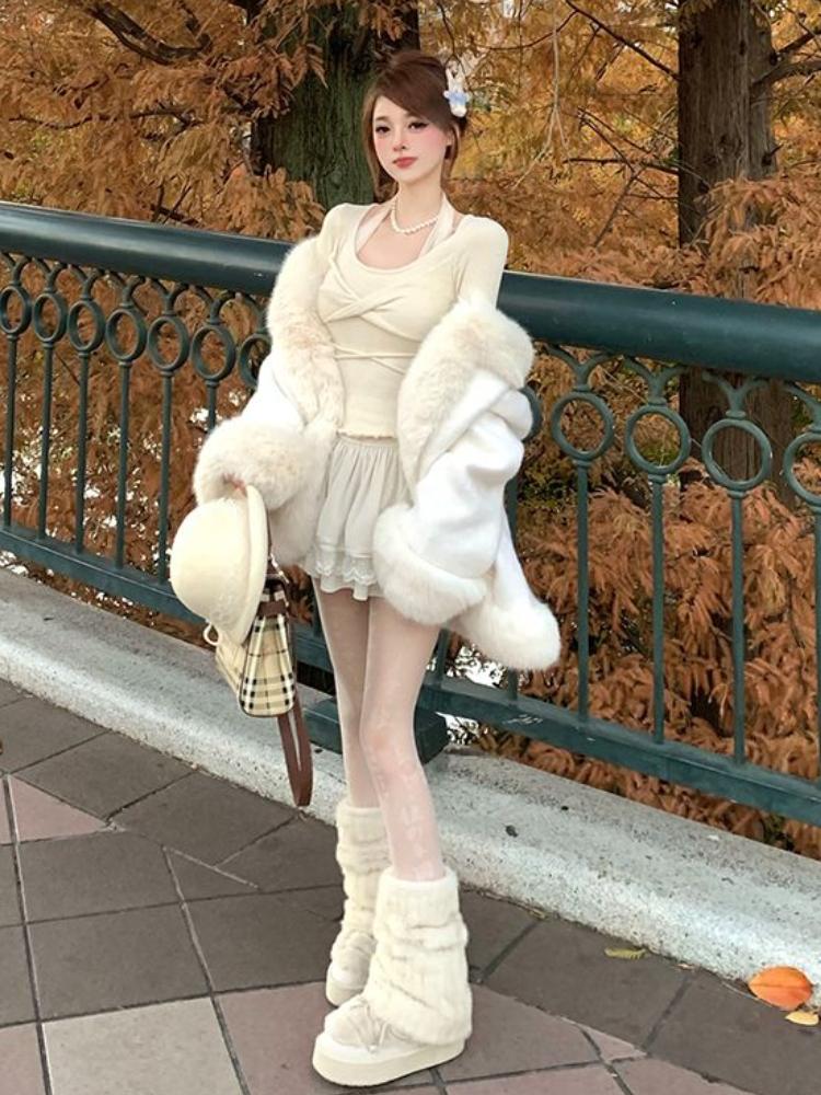 Janpanese Kawaii słodki 2-częściowy zestaw kobieta głęboki dekolt krzyżowe bluzki z dzianiny Mini spódniczka z ciastem kobieta koreański Fashion Design garnitur casual 2024 nowość