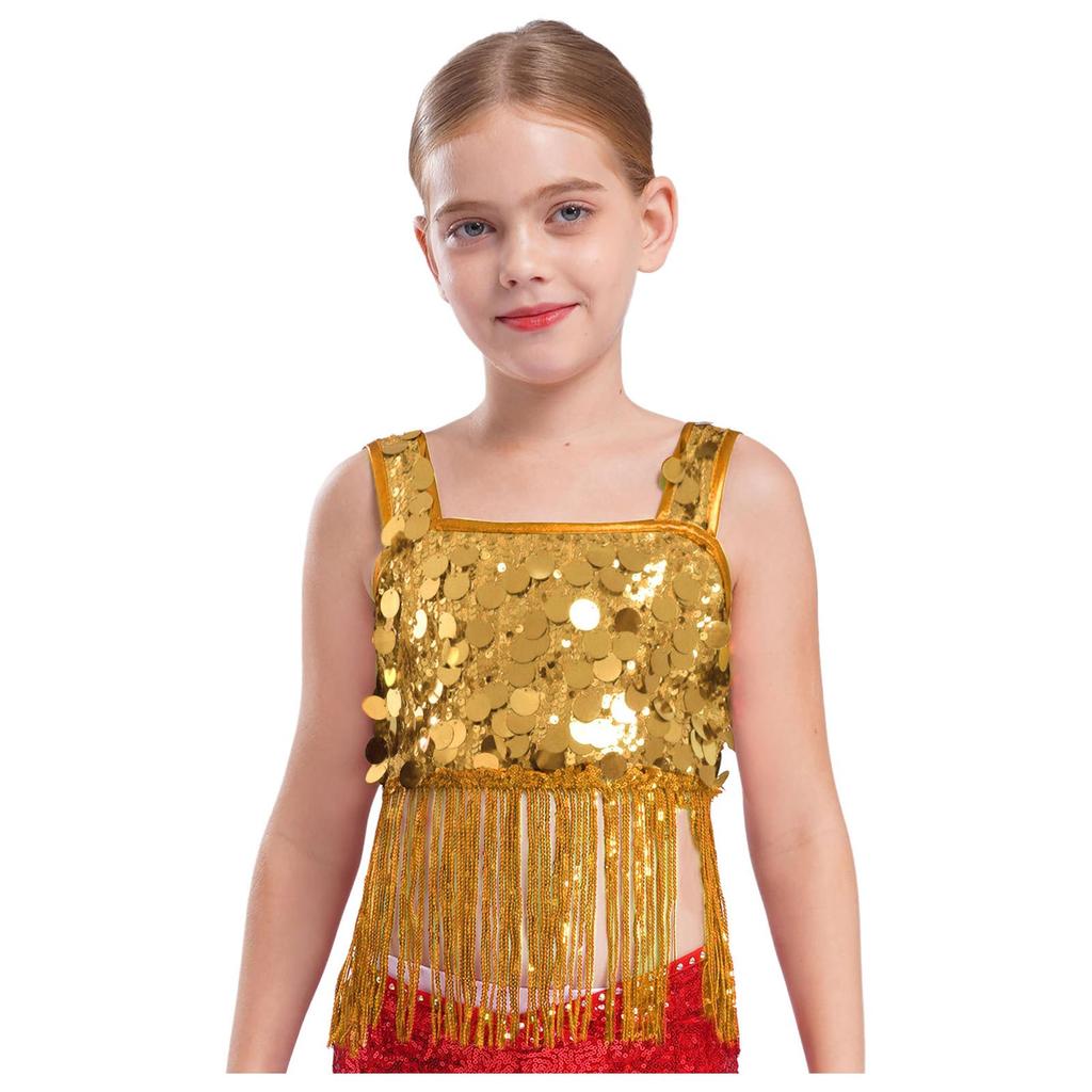 Dívčí taneční crop top se širokými ramínky a třásněmi z lesklých flitrů pro jazzové párty vystoupení