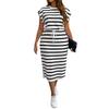 Summer new European and American women's clothing crew neck striped lace-up waist large size dress