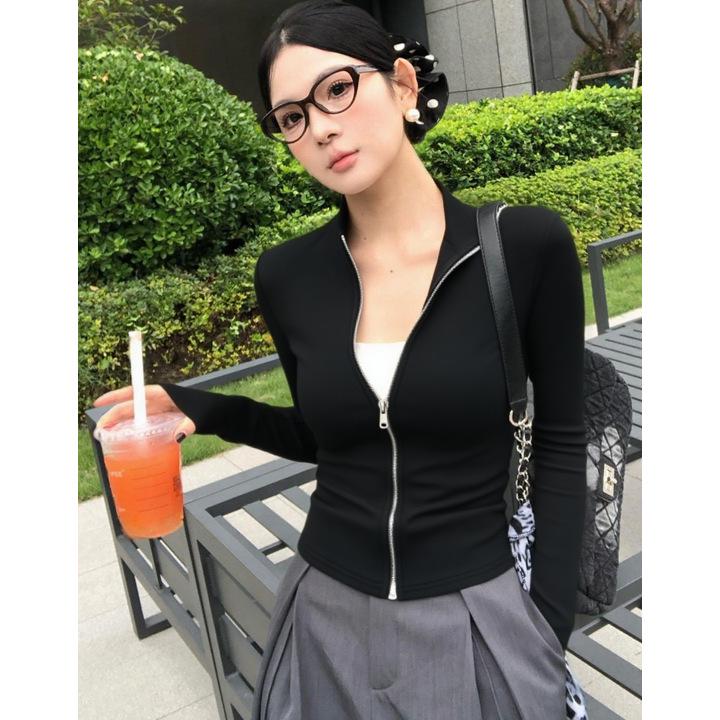 Retro Stand Collar Slim Fit Double Zipper Long Sleeve Women's Waist-Cinching T-Shirt