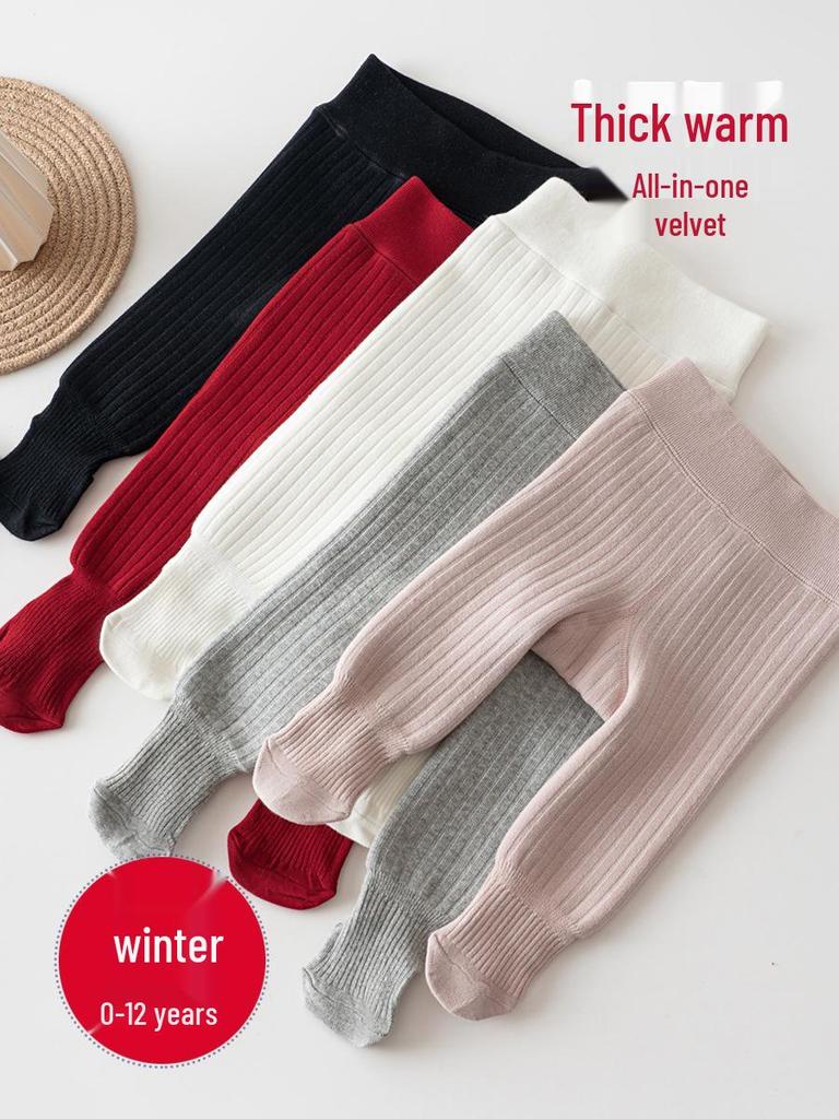 New Winter Girls' Velvet Tights: Thick, Vertical Stripe Base Layer Pants