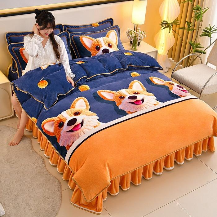 Thickened Milk Fleece Four-Piece Warm Double-Sided Coral Fleece Quilt Cover Flannel Sheet Bed Skirt Bedding