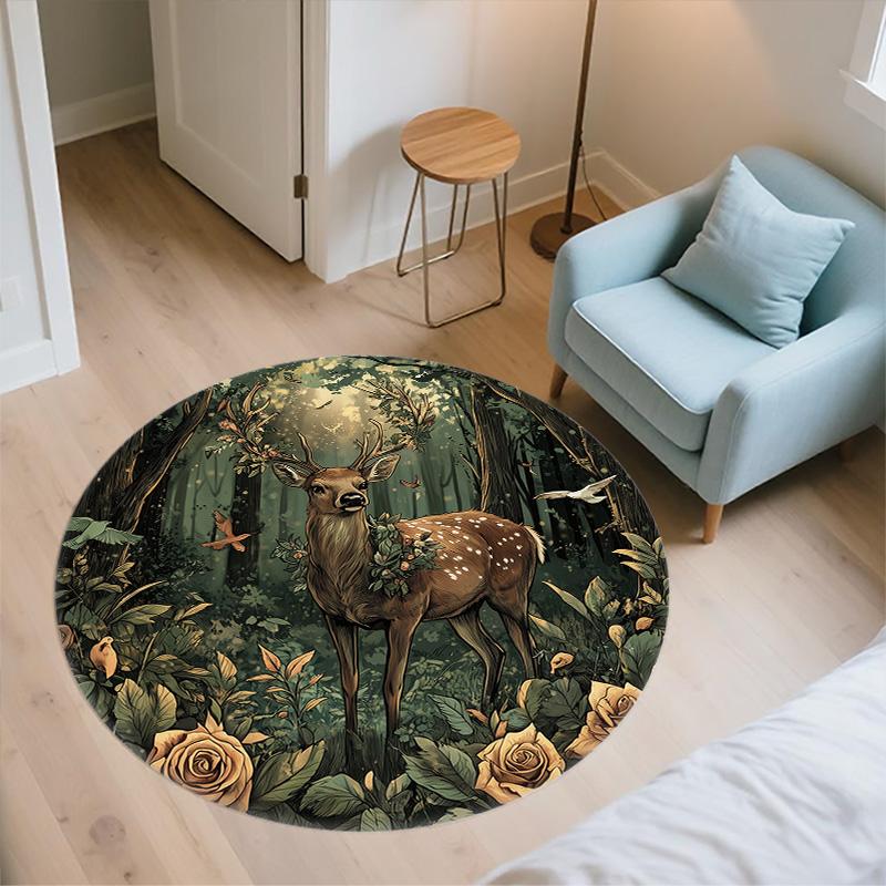Forest Deer,Round Area Rug,Carpet Rug for Living Room Bedroom Sofa Playroom Decor,Non-slip Floor Mat
