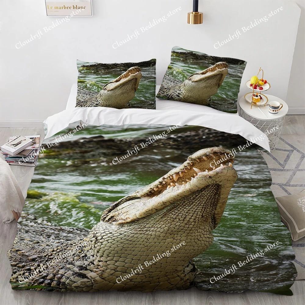 Crocodile Duvet Cover Set Wild Alligator Pattern Bedding Set Wildlife Style Comforter Cover Horror Animal Theme Twin Quilt Cover