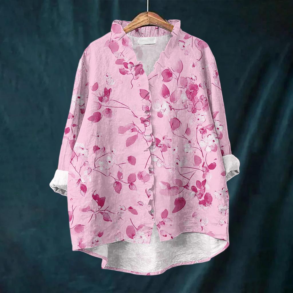 Women's Loose Ruffled Floral Print Stand Collar Long Sleeve Cotton And Linen Top