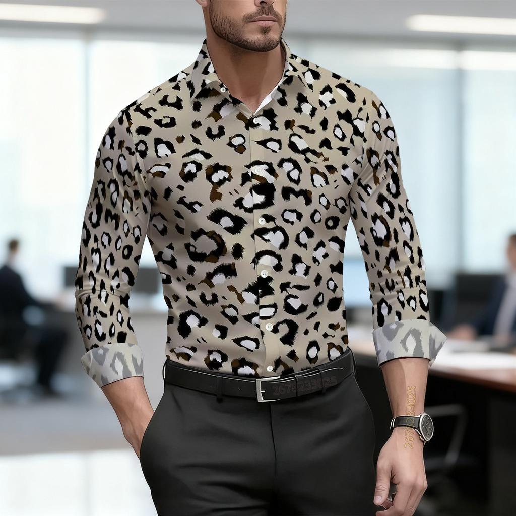 2026 Nuova Camicia da Uomo Personalità Retrò Stampa Leopardata Manica Lunga Business Slim Fit Tendenza Moda Top Casual da Uomo