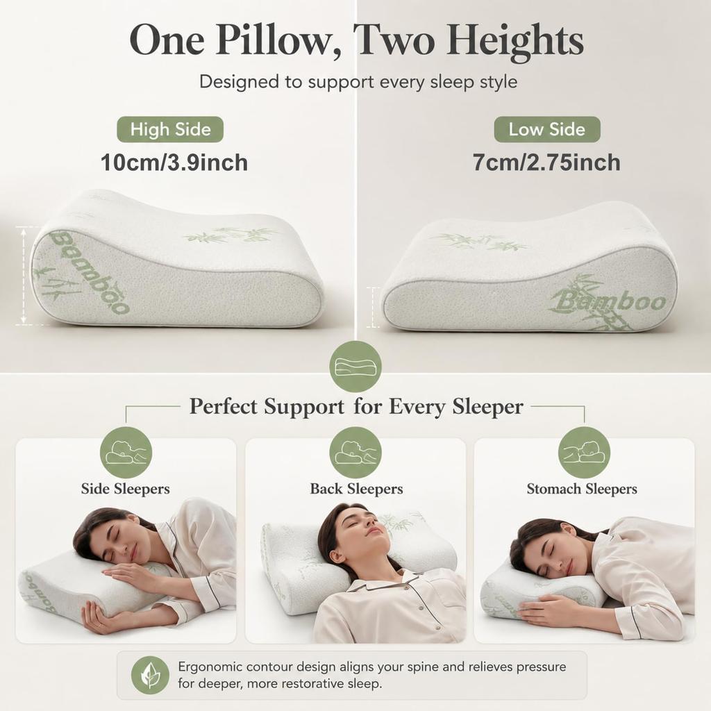 Bed Pillow Rayon Derived from Bamboo Memory Foam Pillow, Sleep Pillow Contoured Orthopedic Pillow Soft Neck Support Breath Pillo