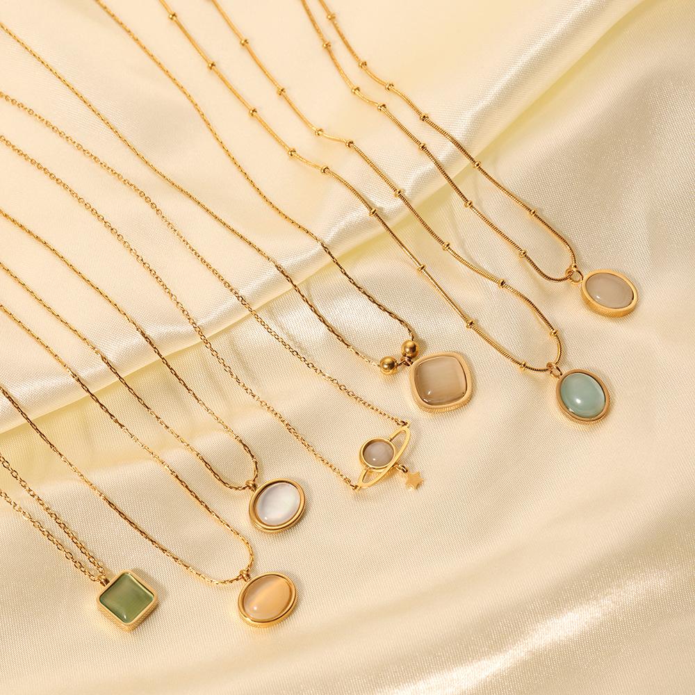Stainless Steel Cat Eye Pendant Necklace For Women Gold Color Link Chain Neck Accessory