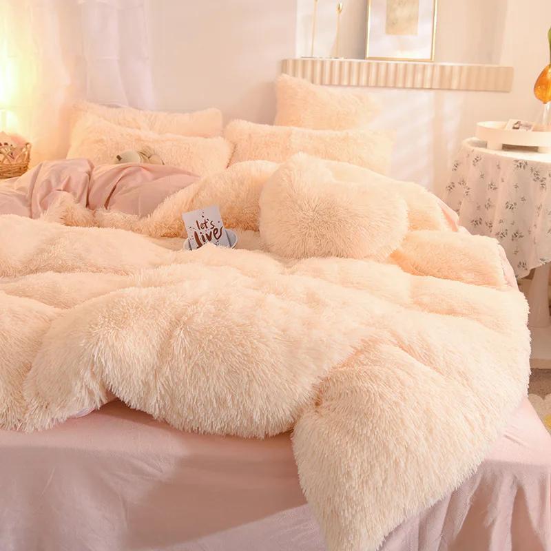 Luxury Winter Warm Long Plush Pink Bedding Set Queen Mink Velvet Double Duvet Cover Set with Fitted Sheet Warmth Quilt Covers