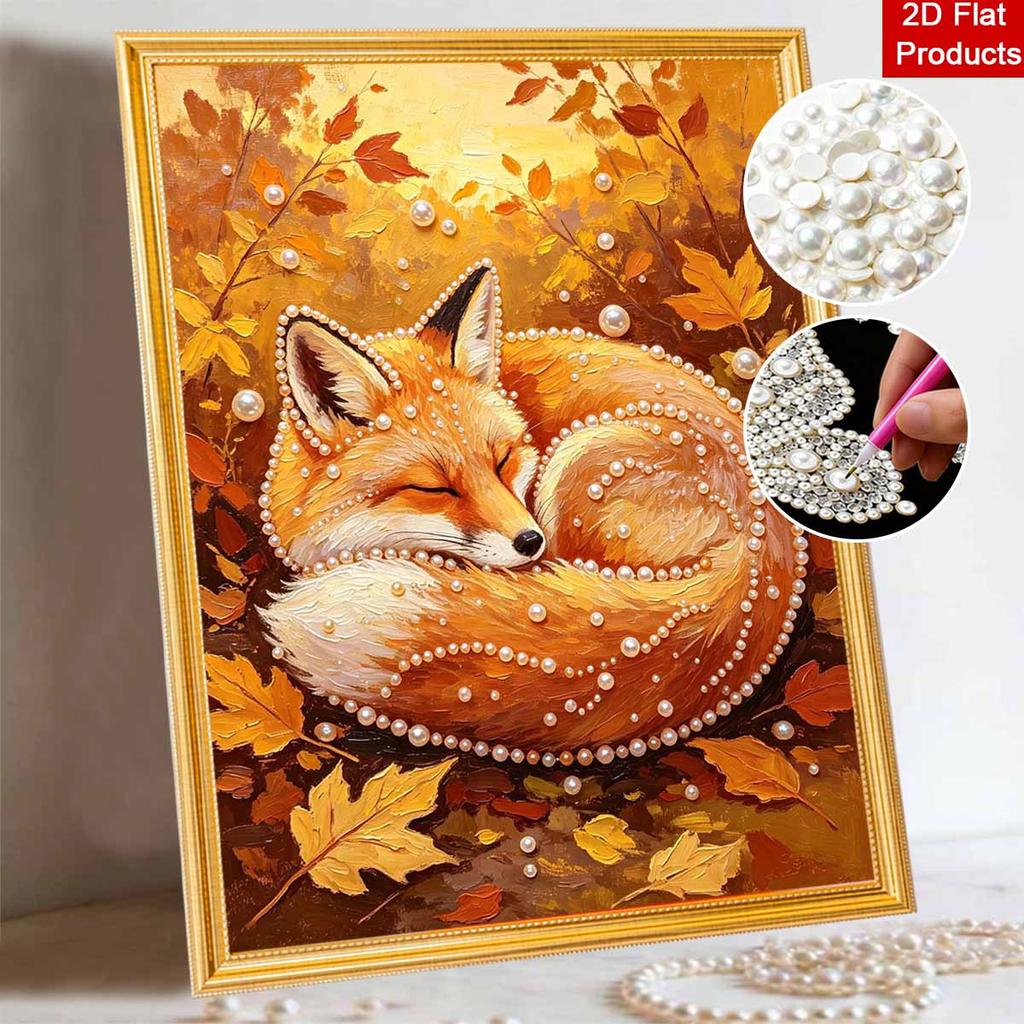Sleeping Fox Autumn 5D Pearl Painting Kit with Frame DIY Sparkling Bead Canvas Art Relaxing Craft for Girls Room Decor Home Wall Art