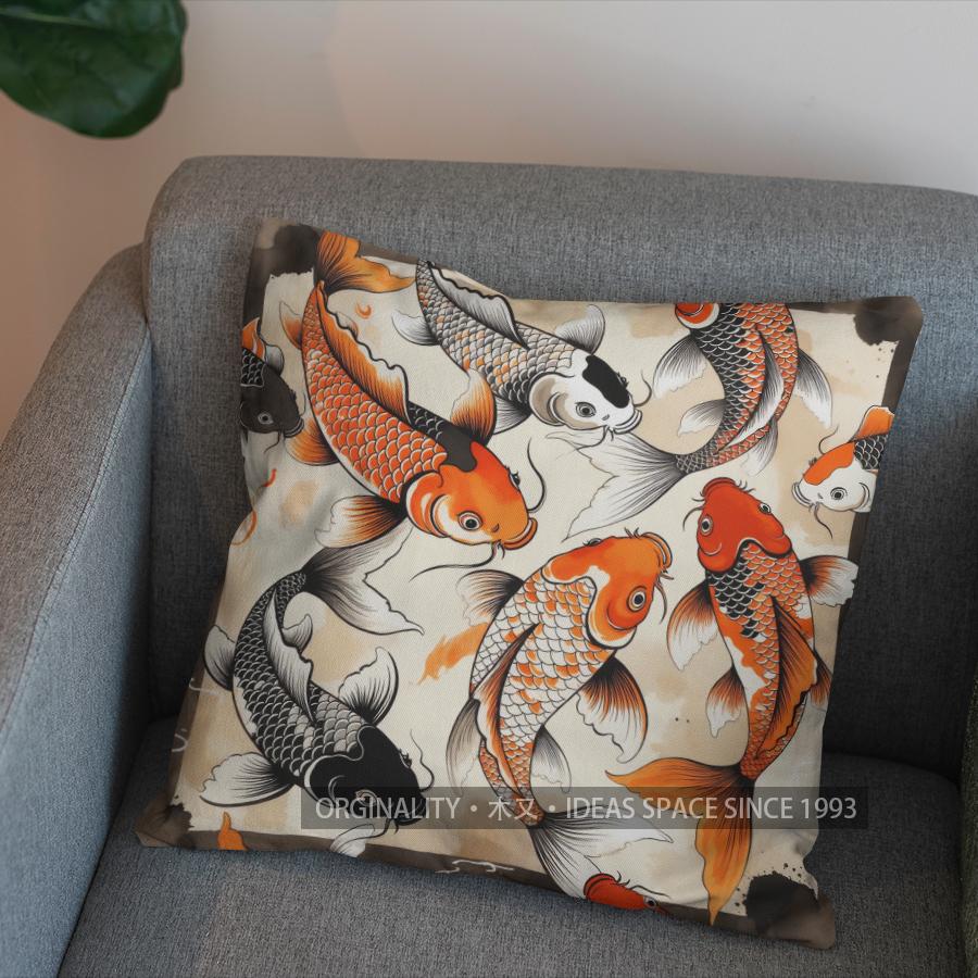 2D Colorful Koi Fish Pattern Throw Pillow Cover Pattern Cushion Cover Suitable For Sofa Bedroom Car Pillow Cover