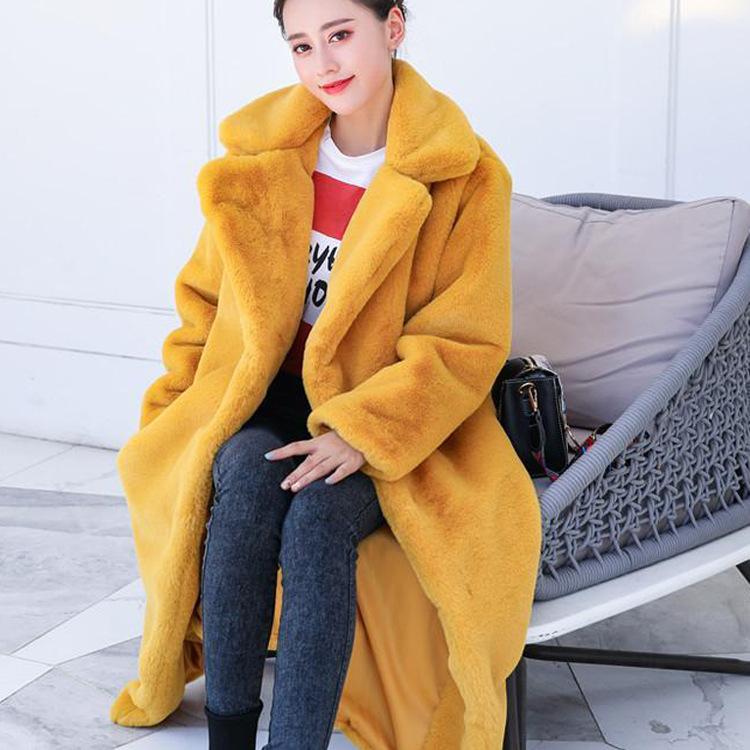 Ropa de Invierno Mujer Largo Grueso Cálido Suave Colorido Esponjoso Talla Grande Abrigo de Piel Sintética de Conejo Rex Mujer Solapa