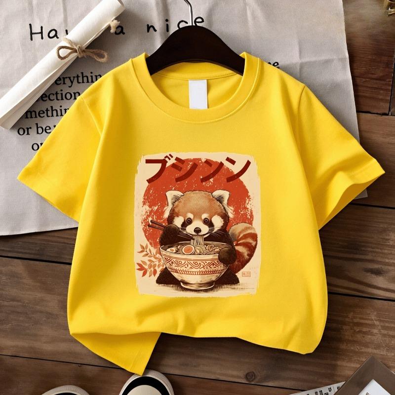 Kids Panda Noodle Bowl Print Crewneck Short Sleeve Tee, Spring Summer Casual Travel Top