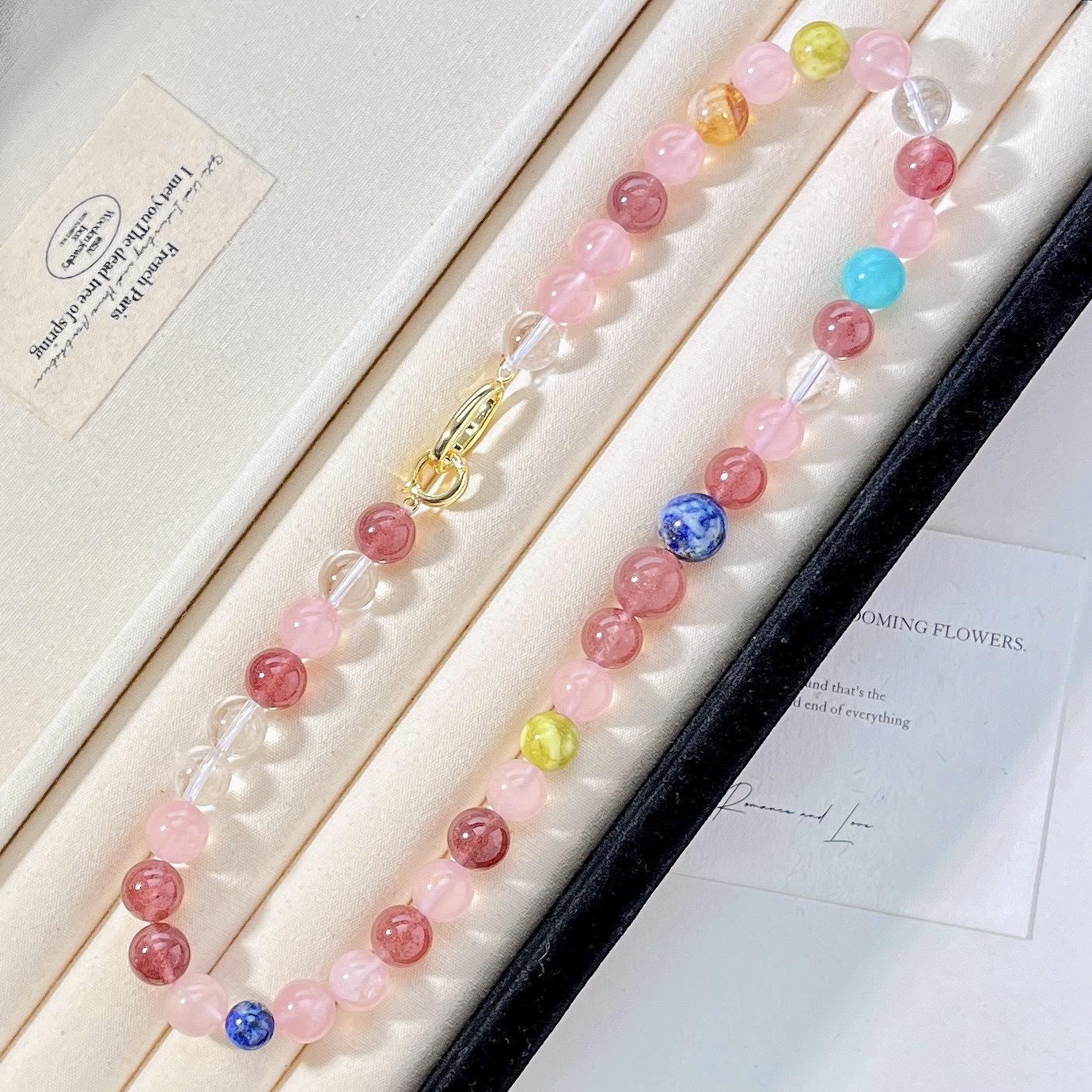 High Quality 12Mm Natural Powder Crystal Strawberry Crystal Lapis Lazuli Citrine Necklace Collarbone Chain