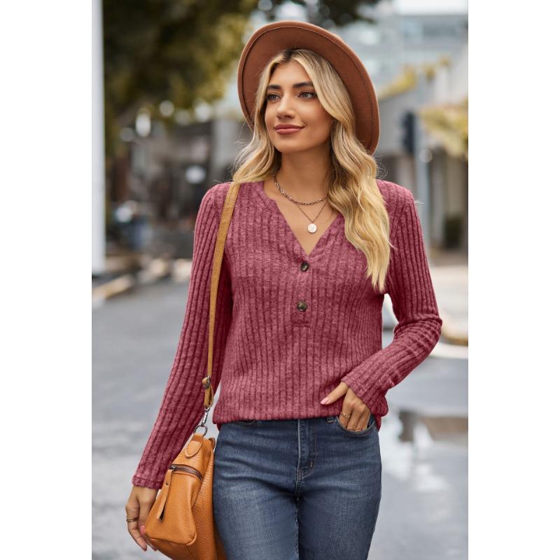 Autumn Women's Knitwear Solid Colour Pit Stripe Brushed Half Placket Button Up Long Sleeve Top