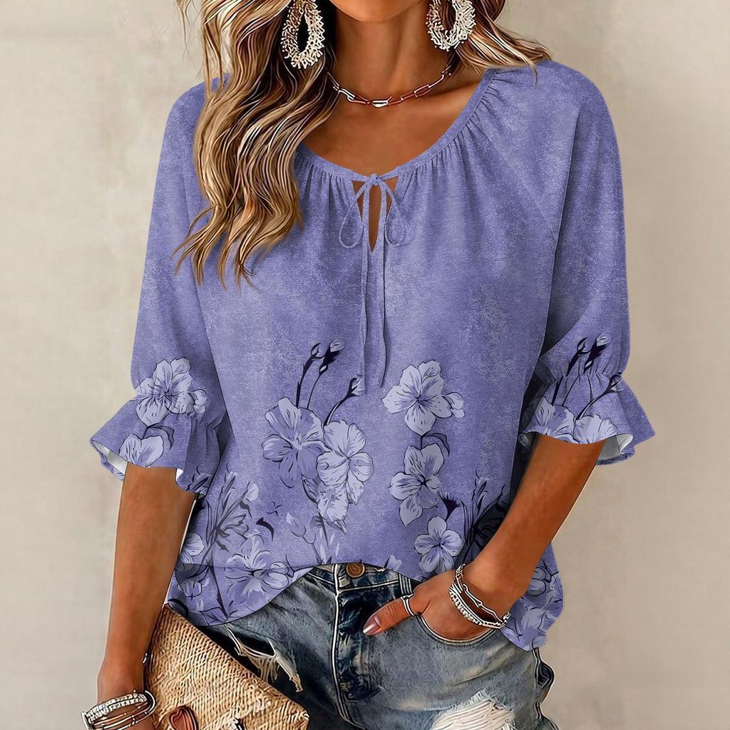Damen Vintage Bluse mit Blumenprint, Rüschen und Dreiviertelärm, Rundhalsausschnitt und Bindevorderseite
